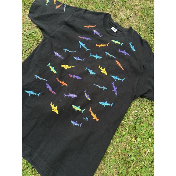 Vintage 90s Hawaiian Shark Single Stitch XL USA Made All Over Shark Dan Gilbert - Picture 2 of 6